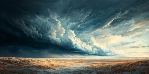 A dramatic sky with swirling clouds looms over a golden landscape, capturing a moment of impending weather and natural beauty.
