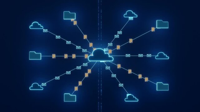 Cloud computing, file and email transfer, bit and byte, data. Blue screen with digital icons. Computer system, cloud network, communication, email, digital folder and files. 3D animation
