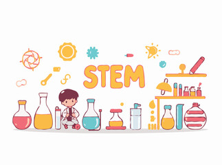 STEM Education Banner with Science Lab Elements