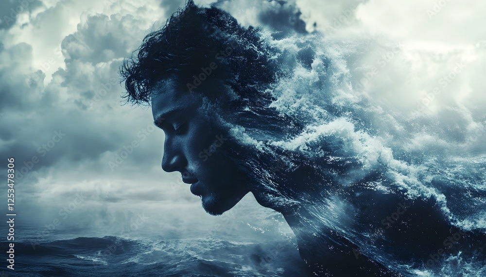 Poster surreal portrait of man with waves emanating from his face