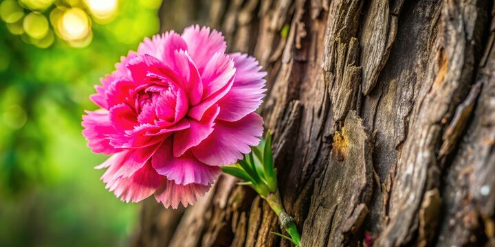 Aerial drone shot: vibrant pink flower, air plant, carnation nestled on a tree trunk, parasitic growth, soft bokeh.