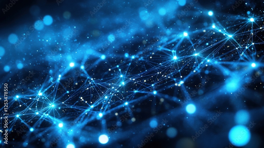 Poster futuristic circuit patterns with glowing lines and dots on a blue background in digital design