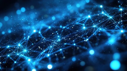 Futuristic circuit patterns with glowing lines and dots on a blue background in digital design