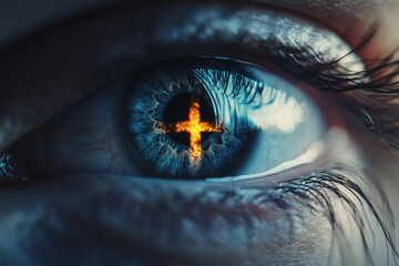 The reflection of a Christian cross inside the eye of a person