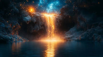 Fototapeta premium Waterfall cascading into a serene lake under a starry sky filled with glowing particles