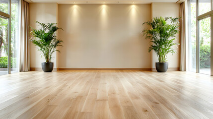 Empty light room with hardwood floor, plants, and large windows