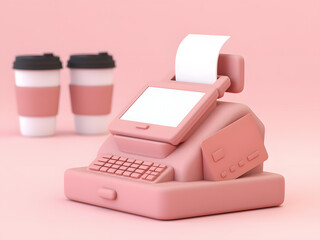 A modern pink-themed point-of-sale system featuring a digital screen, receipt printer, and contactless payment options, ideal for stylish retail and coffee shop transactions