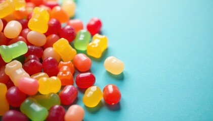 Vibrant jellybeans, gummy bears, lollipops spill onto a surface , bright, lollipop, sweet