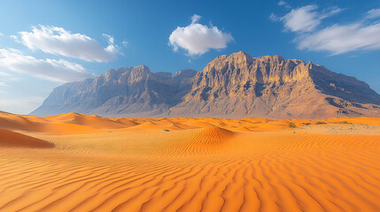 Fototapeta premium Expansive desert landscape with majestic mountains under a blue sky