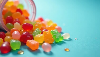 Vibrant jellybeans, gummy bears, lollipops spill onto a surface , treat, lollipop