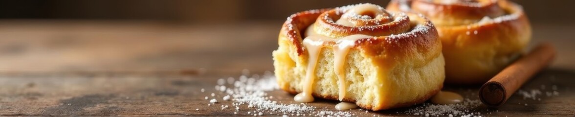Warm cinnamon rolls, glaze drizzled, on aged wood surface, overhead shot, roll, baking