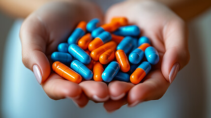 Hands Holding a Pile of Blue and Orange Capsules