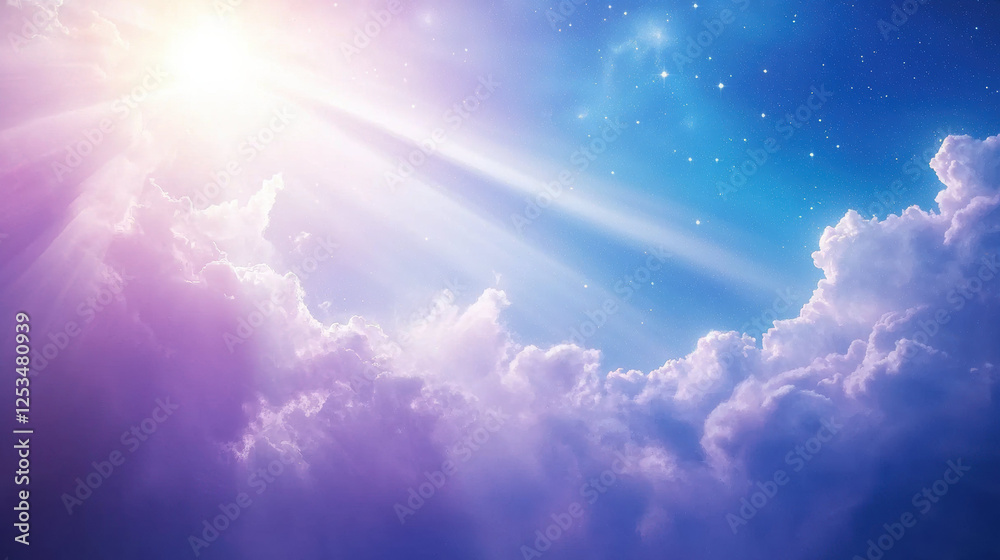 Poster serene view of soft clouds illuminated by bright sunlight, creating tranquil atmosphere. vibrant colors blend beautifully, evoking sense of peace and wonder