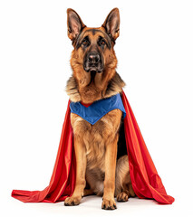 Superhero German Shepherd Dog in Red Cape Sitting for Photo