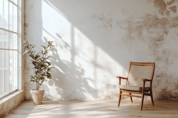 Empty white wall in a minimalistic room with plants and furniture