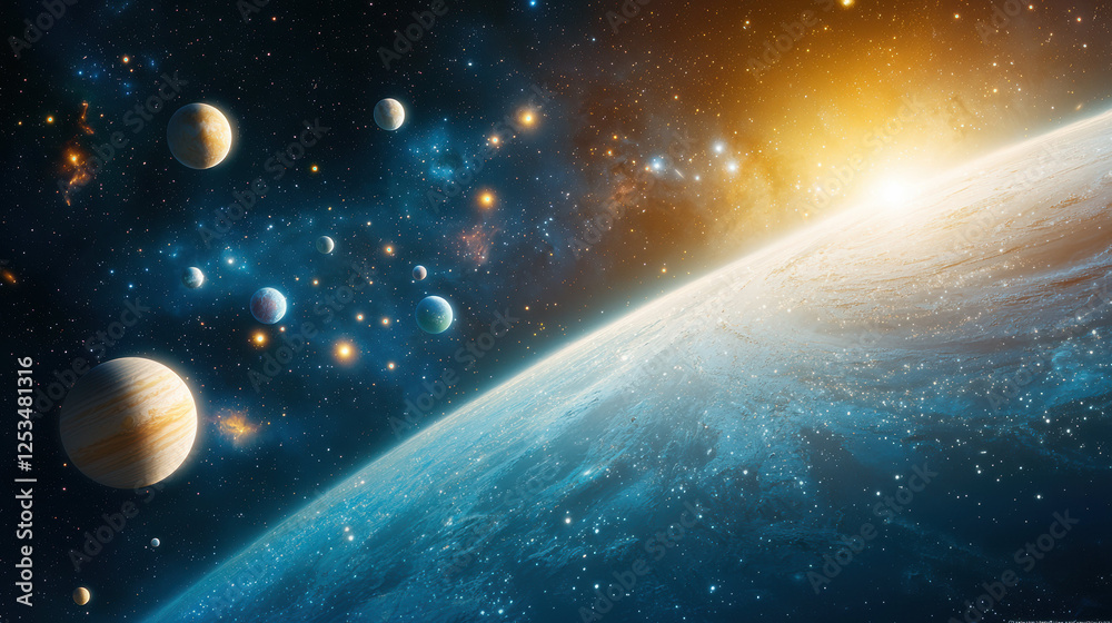 Poster stunning view of galaxy cluster featuring multiple planets and bright star. vibrant colors and cosmic elements create sense of wonder and exploration