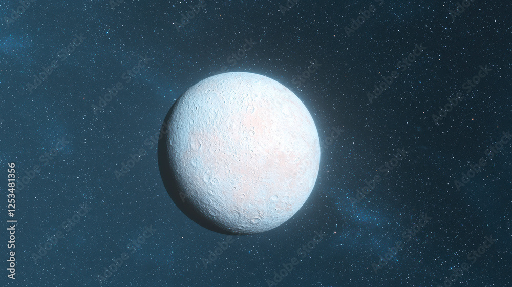 Poster serene view of celestial body in space, surrounded by stars, showcasing its textured surface and sof