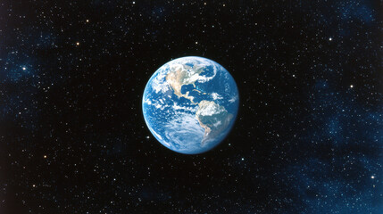 serene view of Earth from space, showcasing its vibrant blue oceans and green landmasses, surrounded by vast expanse of stars