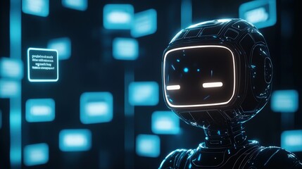 Robot figure with a glowing face screen amid floating data panels, embodying AI learning and digital interfaces. Useful for tech and future innovation projects.