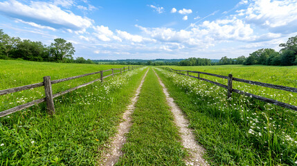 Rural path through grassy field, fence, summer