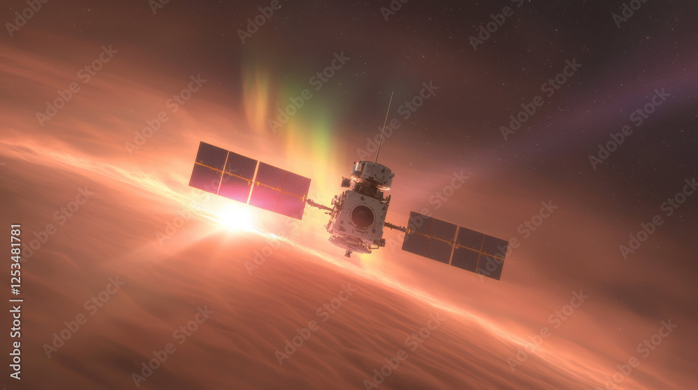 Poster spacecraft flying through vibrant aurora in deep space, illuminated by colorful lights. scene captur