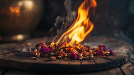Flames dance over aromatic herbs on rustic wooden surface
