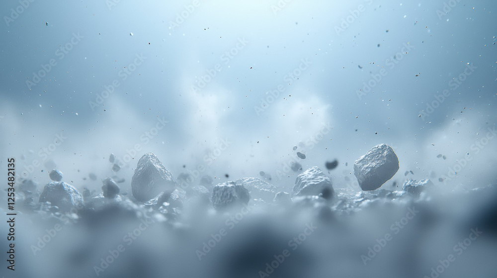 Poster spacecraft navigating through field of asteroids, surrounded by dust and debris, creates dramatic and otherworldly scene. atmosphere is filled with particles, enhancing sense of movement and