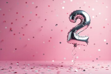 A celebratory silver number two balloon floats amidst pink confetti, signifying a second anniversary or a milestone event.