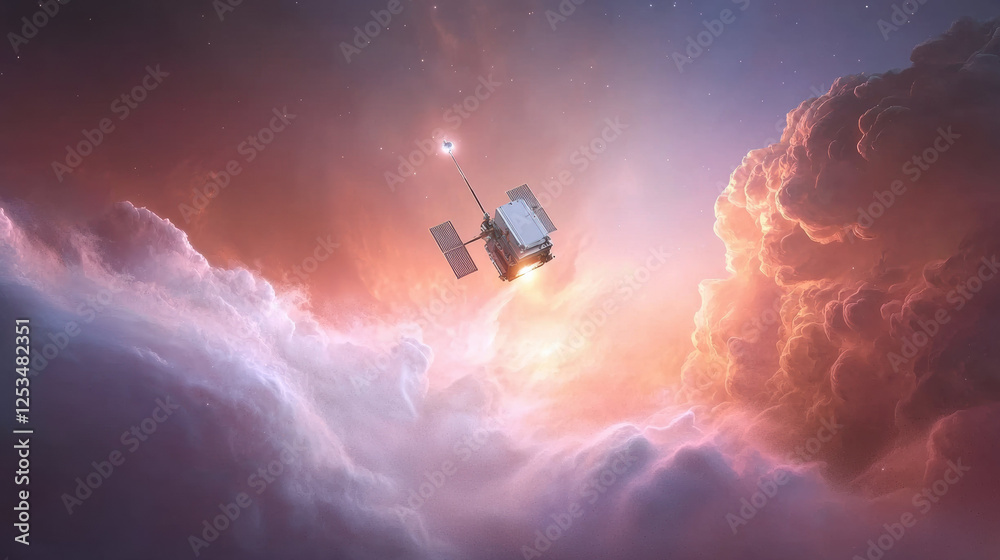 Poster spacecraft navigating through colorful nebula, surrounded by vibrant clouds and cosmic dust, exploring mysteries of universe