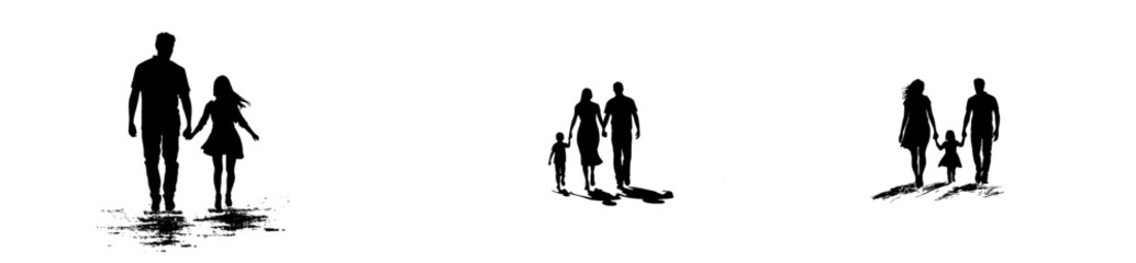 A modern design with black outlines of pedestrians walking on a white backdrop, accompanied by their shadows