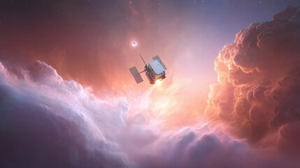 spacecraft navigating through colorful nebula, surrounded by vibrant clouds and cosmic dust, exploring mysteries of universe