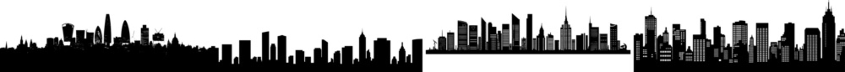 Obraz premium City skyline with a modern edifice silhouette. Background featuring a panoramic view of the city. Collection of urban skyline borders