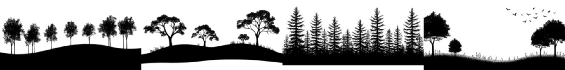 A set of black horizontal silhouettes featuring coniferous treetops, including pine, spruce, and cedar