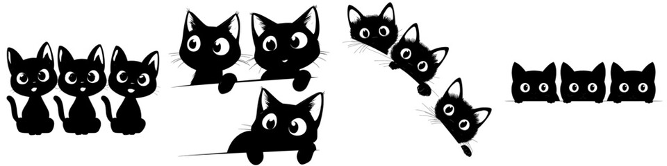 A set of black cats peering out from the corner. A group of cat faces watching you closely. Pet cats at play. Tattoo design featuring cats
