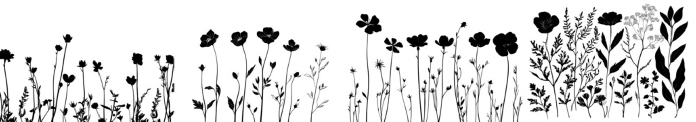 A set of black meadow herbs featuring branches and leaves, designed with floral elements in a modern illustration style