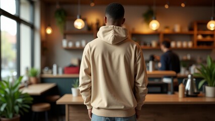 Fototapeta premium Back View Hoodie Mockup, Cozy coffee shop vintage theme photorealistic beige hoodie back view.