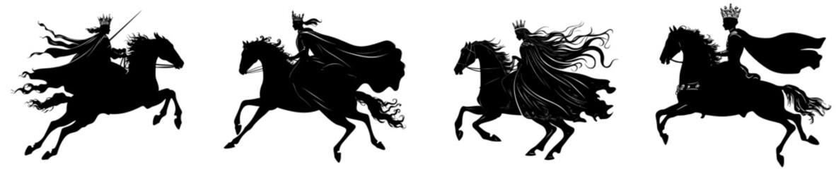 A fairy tale prince mounted on a horse galloping forward - a medieval fantasy hero depicted in black and white modern silhouette