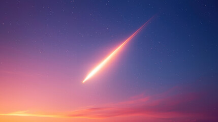 stunning view of comet streaking through starry sky at dusk, illuminating horizon with warm glow. vibrant colors create magical atmosphere