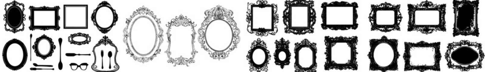 A set of black silhouettes within a picture frame isolated against a white background, featuring flat design and modern illustration