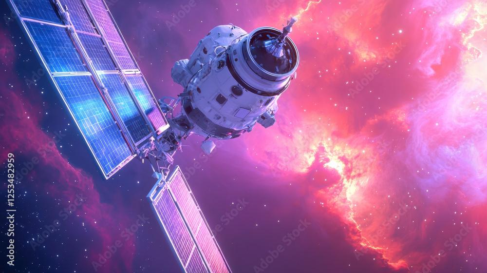 Poster spacecraft orbits through vibrant nebula, showcasing stunning colors and intricate details of solar 