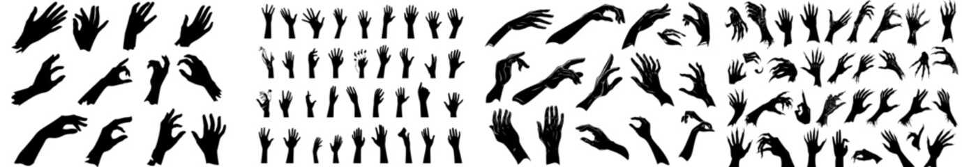 A collection of modern illustrations depicting black hand gestures, resembling silhouettes or shadows of hands