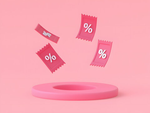 A 3D-rendered illustration of floating discount coupons on a pink background, symbolizing special offers, promotions, and sales. Ideal for marketing visuals, e-commerce campaigns, and seasonal discoun