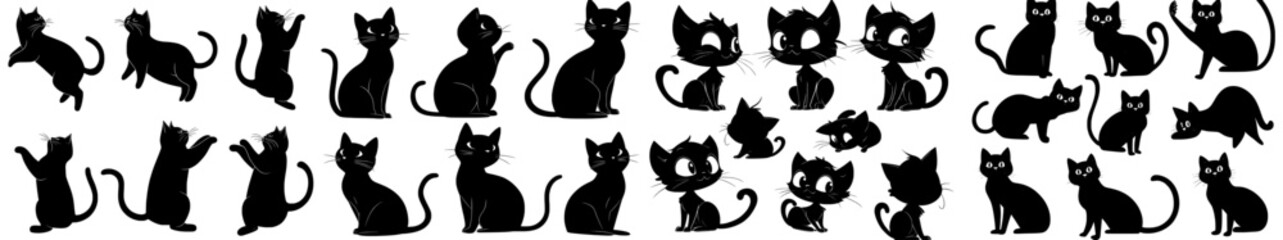 A set of black cats featuring a collection of funny cat silhouettes in various poses. Modern illustration isolated on a white background, drawn for children