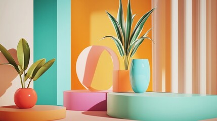 Vibrant and Geometric Still Life Composition Featuring Plants and Decorative Objects on Colorful Platforms