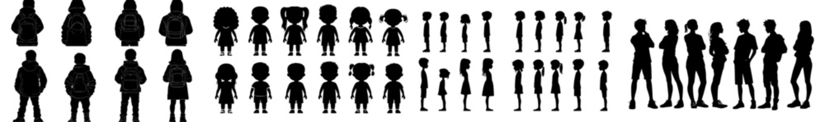 A set of boy and girl silhouettes isolated against a white background, with a modern illustration style