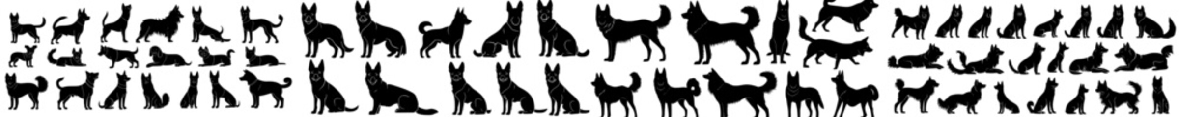 A collection of black silhouettes of dogs isolated against a white background, presented in a modern illustration style