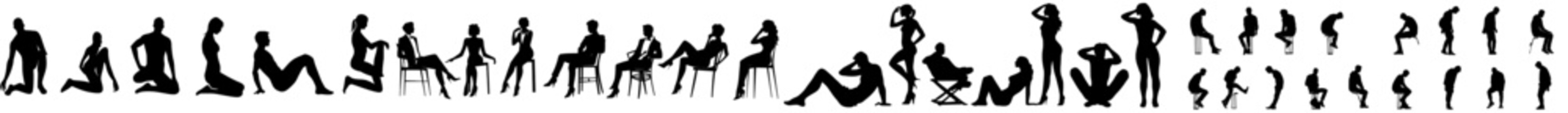 A detailed group of people sitting, silhouetted against a white backgroundDetailed silhouettes of seated individuals on a plain white backdropIsolated silhouettes of seated people with a white