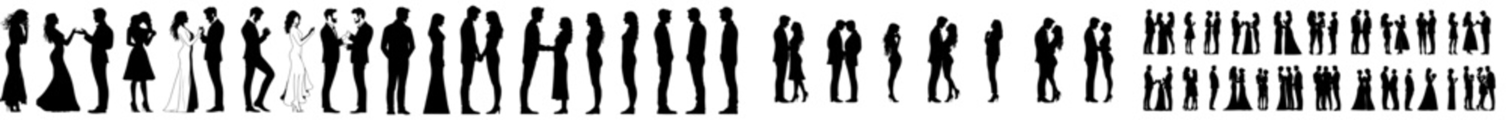 Romantic couple silhouettes in various poses, captured against a white background