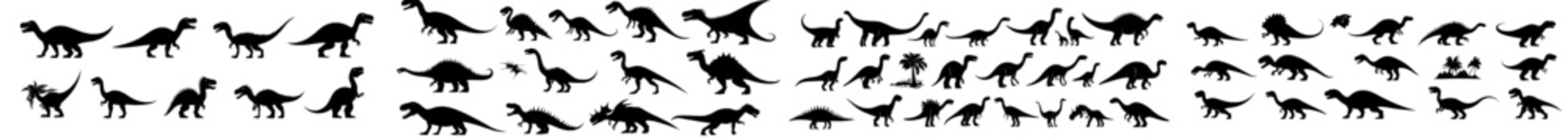 A collection of distinct dinosaur silhouettes, presented as isolated, flat, modern illustrations