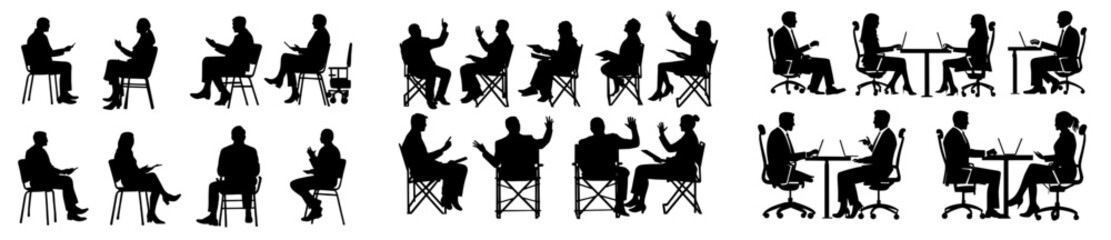 Modern outlines of a male and female sitting on a chair and a stool, with a group of business individuals, depicted in black on a see-through background